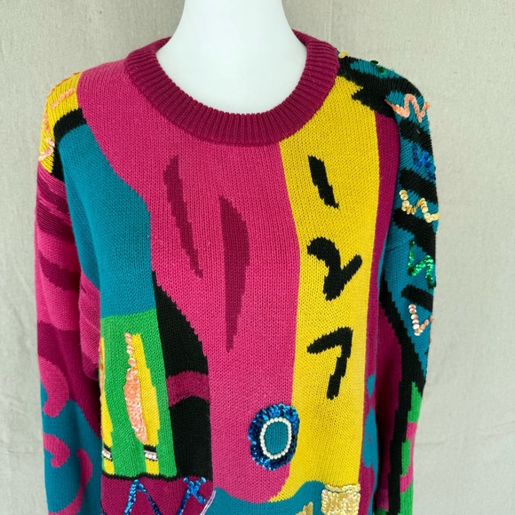 Vintage Cedars 80s Pink/Colorful Abstract Sequin Knit Sweater Size M - Picture 7 of 8